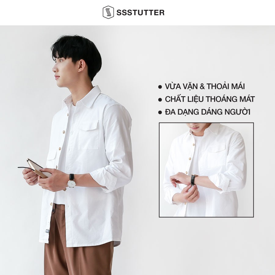 Áo sơ mi Nam tay dài có 2 túi ngực SSSTUTTER vải thô đứng dáng 3 màu LECH SHIRT