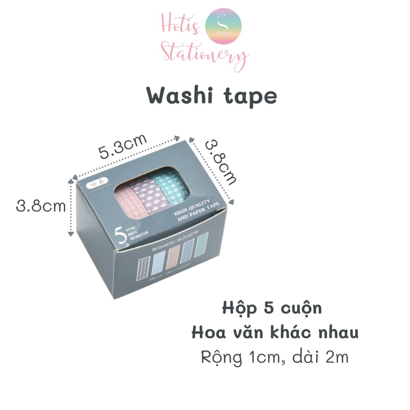 Hộp 5 cuộn washi tape có hoa văn đa dạng dài 2m