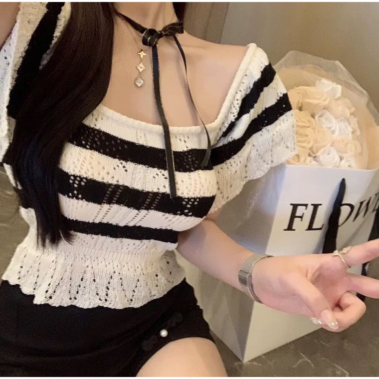 Áo Dệt Kim Trễ Vai Kẻ Sọc Gợi Cảm Cho Nữ