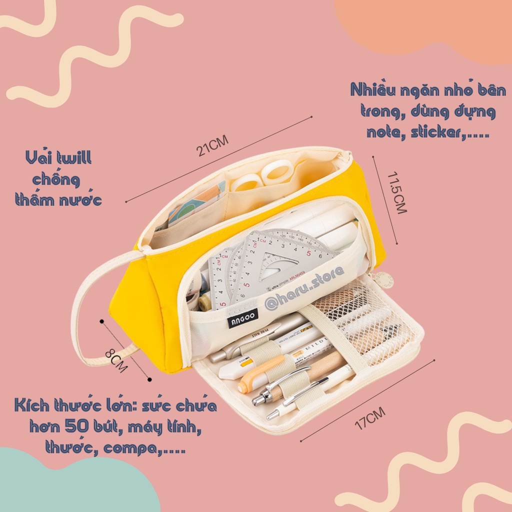 TÚI BÚT - Túi Bút Hộp Tam Giác ANGOO nhiều ngăn đựng