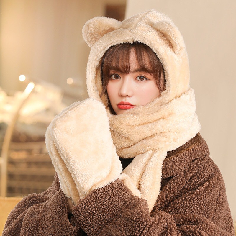 Mũ lông cừu tai gấu kèm khăn quàng cổ và găng tay ấm áp ulzzang Hàn Quốc dễ thương, cute, siêu âm