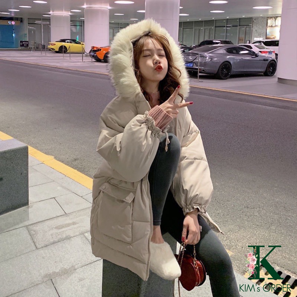 Áo khoác phao nữ màu đen be vàng xanh dài tay có mũ khoá kéo túi hai bên phong cách Hàn Quốc dáng rộng dày dặn | BigBuy360 - bigbuy360.vn