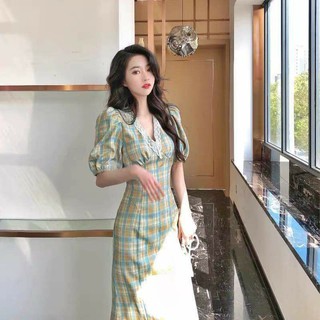 Đầm caro xanh nâu ren cổ v thanh nhã