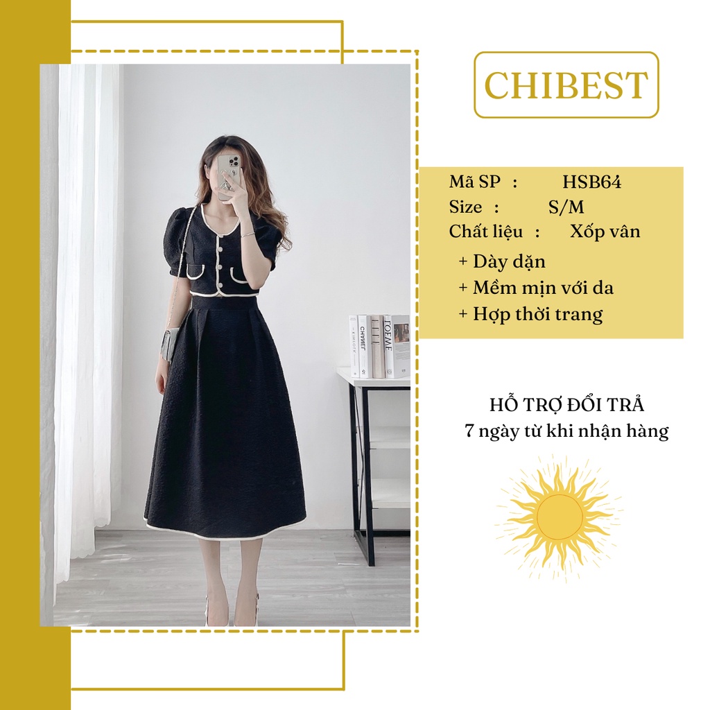 Set đồ nữ áo nút croptop phối viền tay ngắn kèm chân váy xòe chữ A dáng dài dáng dài tiểu thư HSB64 CHIBEST