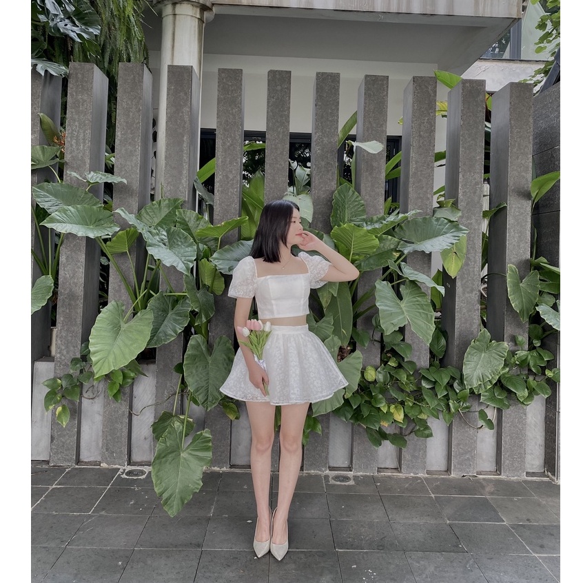 Set áo croptop cổ vuông tay phồng kèm chân váy phồng xòe đầm công chúa đầm đi tiệc size S M L