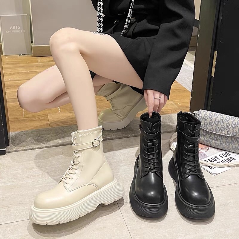 Giày bốt đế bánh mì khoá sau Cao Cấp - boots nữ độn đế cài khuy hàng Xuất Sịn