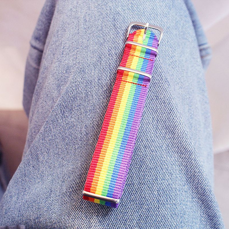 Dây Đeo Đồng Hồ Bằng Nylon Bện Họa Tiết Kẻ Sọc Cầu Vồng Có Thể Điều Chỉnh Cho Valentine