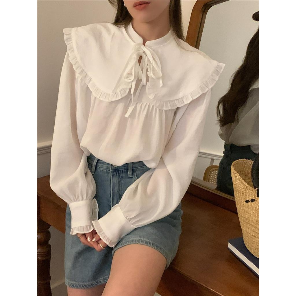 Áo Sơ Mi Trơn Dài Tay Dáng Rộng Cổ Tháo Rời Được Hai Cách Mang Thời Trang Sành Điệu 60971