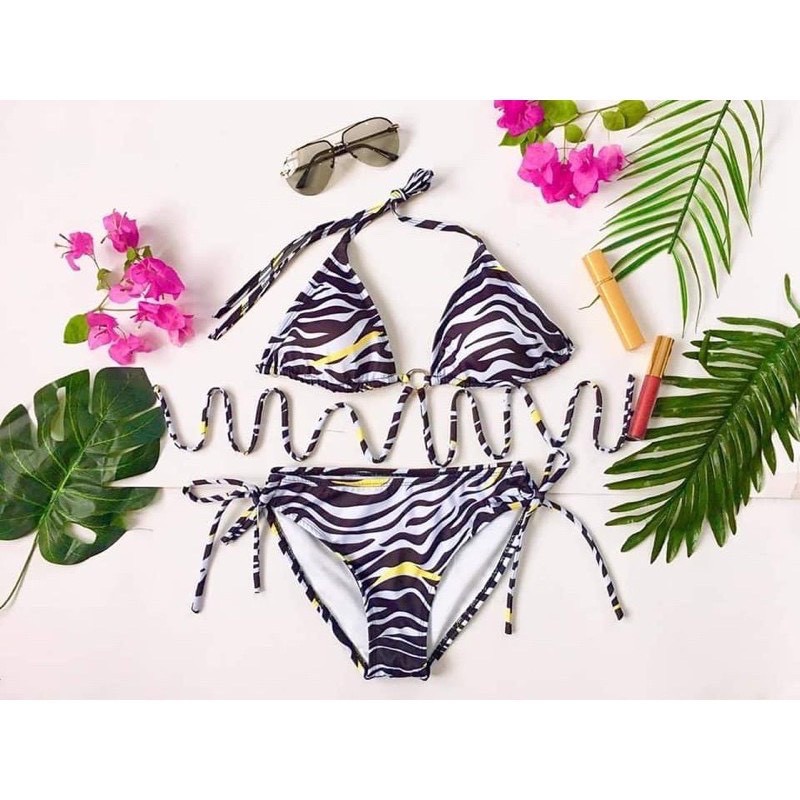 Set Bikini 3 Món Tam Giác Ngựa Vằn, Bộ Đồ Bơi 2 Mảnh Đi Kiểm Kèm Áo Khoác Dài [Ảnh Chụp Thật] - OS094