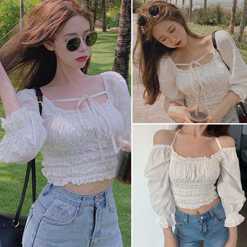Women's Sweet Korean Slim Sexy Navel Bubble Long Sleeve Chiffon Shirt | BigBuy360 - bigbuy360.vn