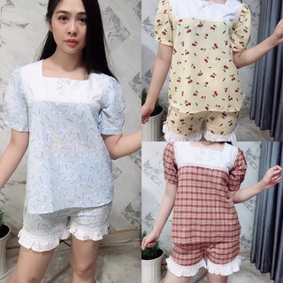Bộ đồ mặc nhà cổ trắng phối ren bánh bèo tiểu thư HOT HIT 2020 Free size <65kg