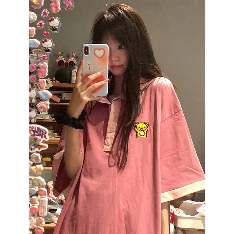 Áo thun polo nữ màu hồng xinh xắn dáng rộng tay lỡ mùa hè mẫu mới hình cute animal có size