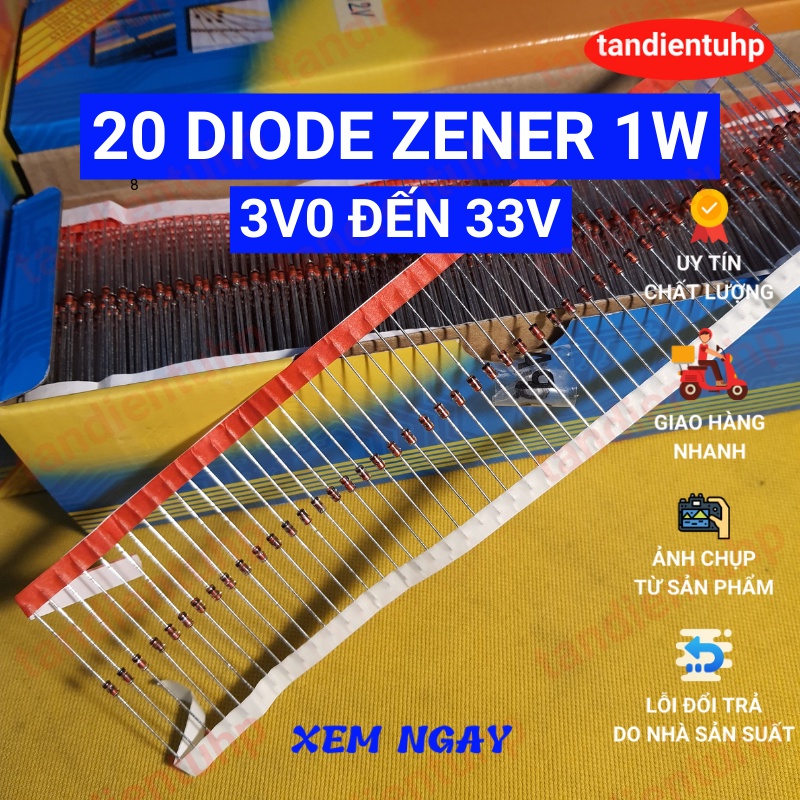 20 diode Zener 1W đi ốt ổn áp kiểu chân DO-41 trị số: từ 1N4727A 3V đến 1N4752A 33V, thương hiệu ST