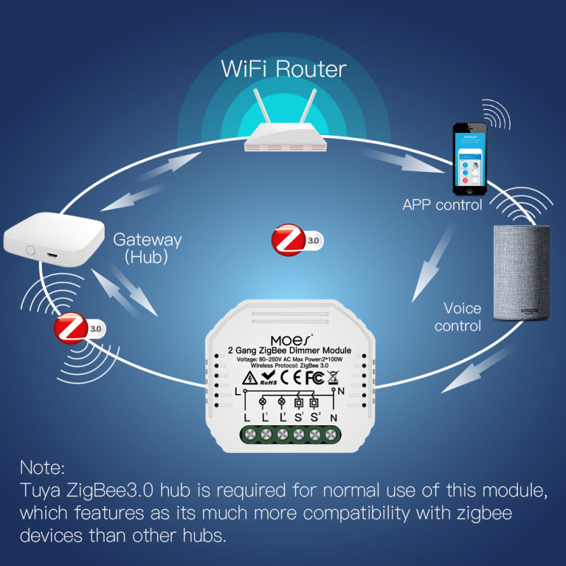 Mini DIY Tuya Zigbee Smart 2 / Gang Light Dimmer Module Hub Requires Smart Life Alexa Google Home Voice Control PLAYER