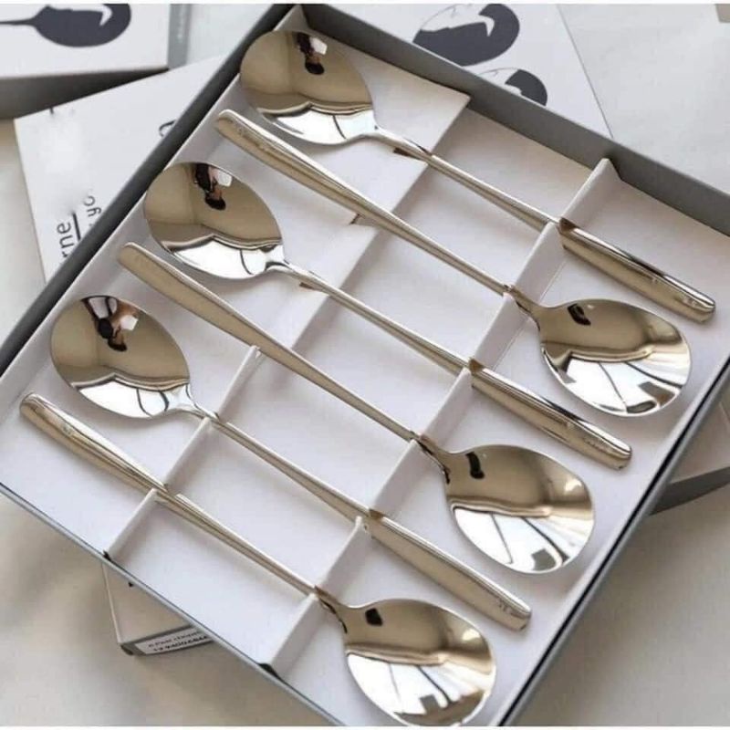 Hộp 6 muỗng tròn INOX Nuova 21cm cán dài - thìa ăn cơm sang trọng