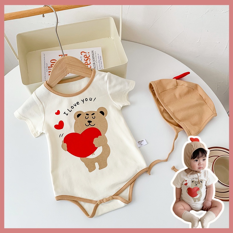 Bộ Áo Liền Quần In Hình Gấu Dễ Thương + Nón Thời Trang Mùa Hè Cho Bé Trai + Gái