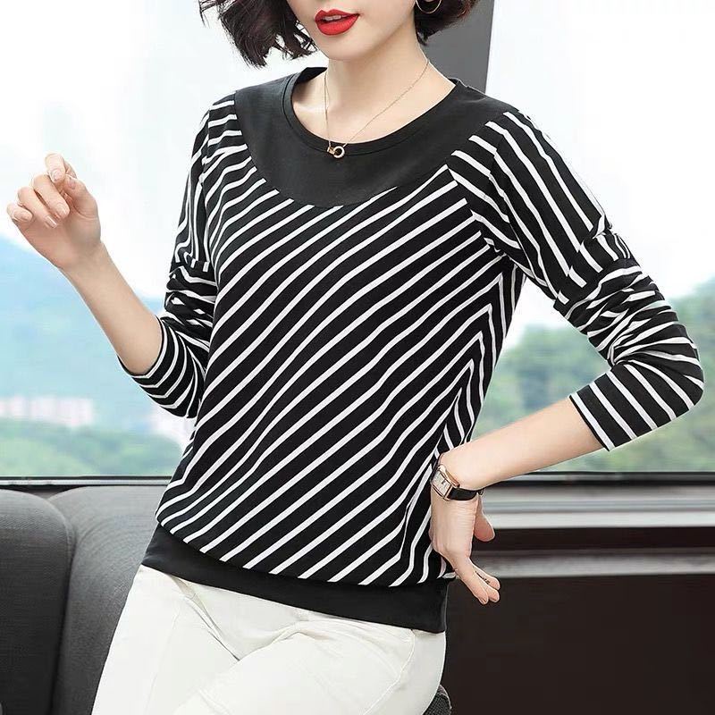 Áo Thun Tay Dài Dáng Rộng Plus Size Họa Tiết Kẻ Sọc Dành Cho Phụ Nữ Trung Niên