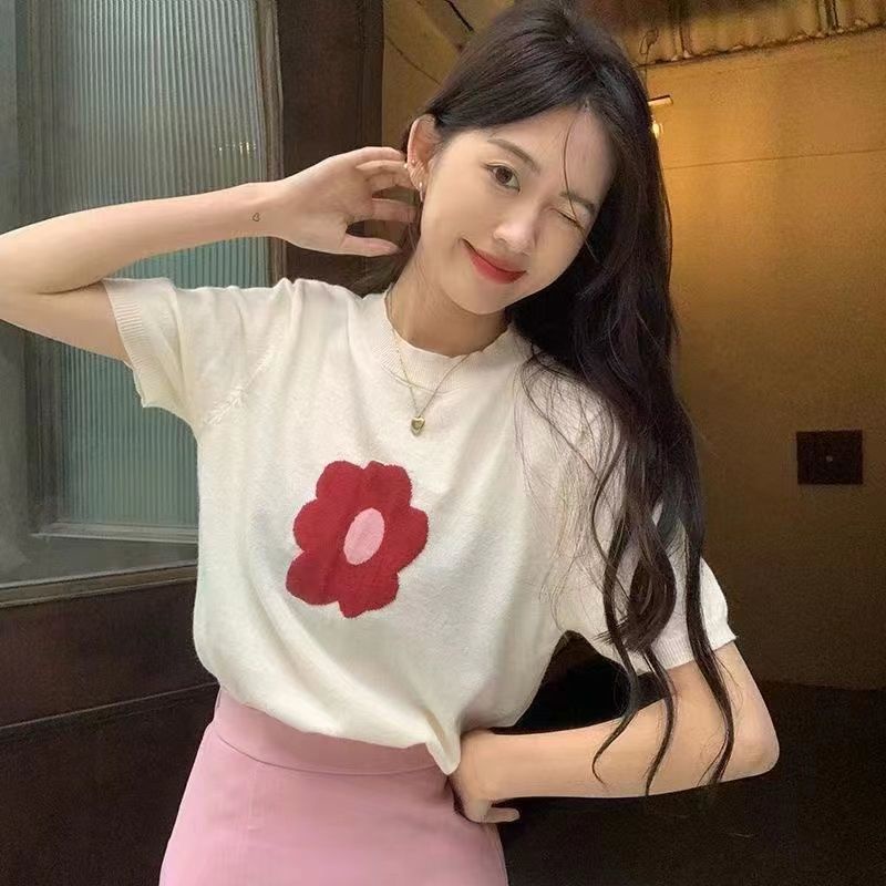 Áo dệt kim RENJIANVSHENG 175286 tay ngắn họa tiết hoa xinh xắn thời trang