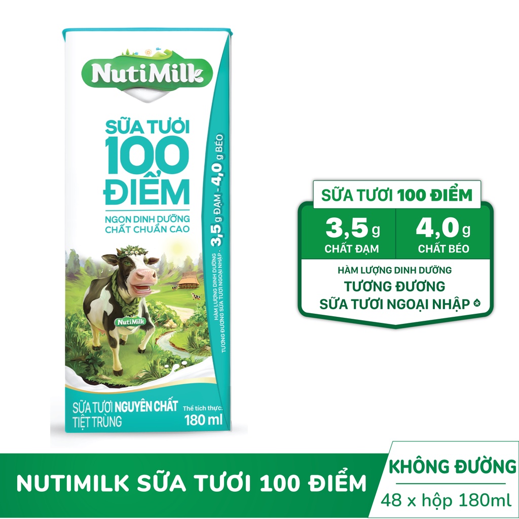 Thùng 48 hộp NutiMilk ST 100 điểm -ST nguyên chất tiệt trùng Hộp 180 mL/hộp