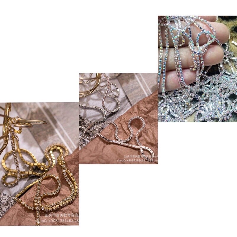 Cham dây đính đá nails cao cấp- charm xích nails 3 màu vàng bạc 7 màu