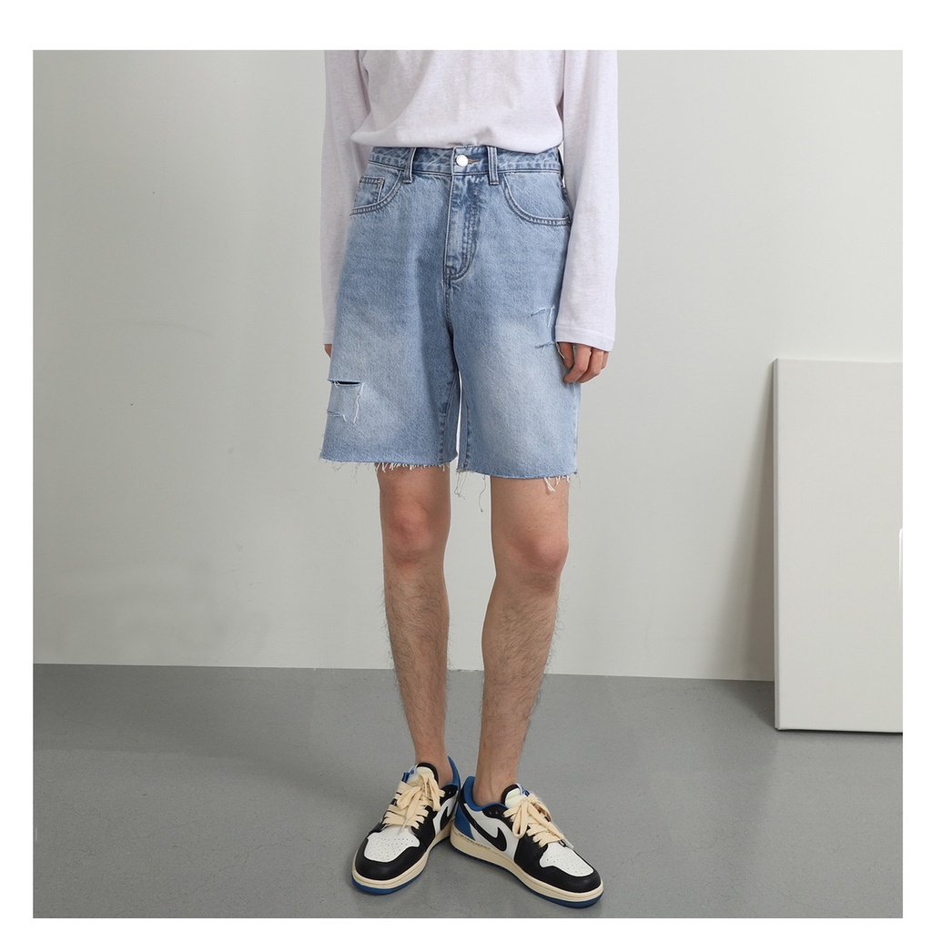 Quần short jean nam lai thả wax rách