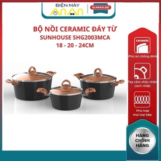 Bộ nồi ceramic sunhouse đáy từ shg2003mca, nồi nhôm bên ngoài sơn đen chịu nhiệt tốt