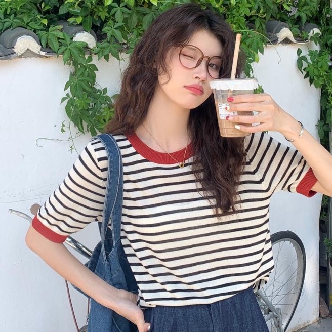 Áo ZHELIHANGFEI vải dệt kim ngắn tay họa tiết kẻ sọc ngọt ngào