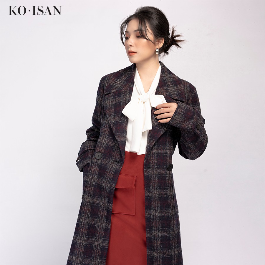 Áo khoác dạ KO-ISAN dáng dài kẻ nâu kiểu cách - 3300352-3