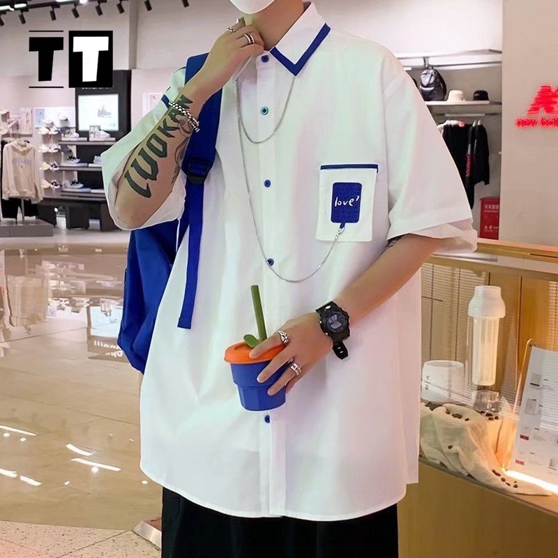 Áo sơ mi nam ngắn tay phong cách Hàn Quốc cổ áo vuông cổ điển áo đôi áo sơ mi cổ điển chất lượng - （bắn thật）