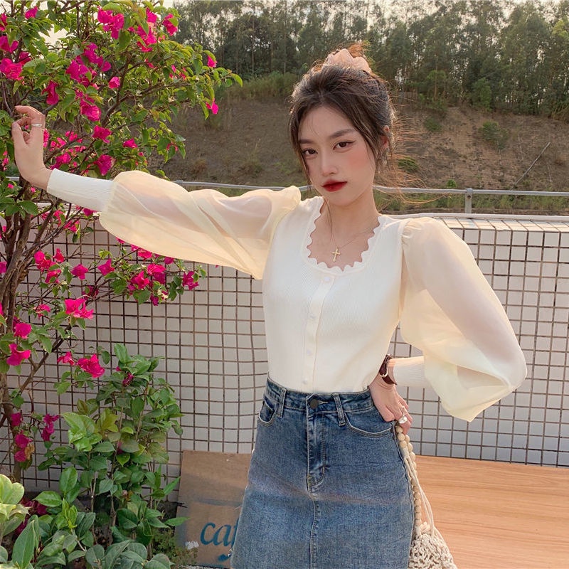 Áo chiffon dệt kim cổ vuông phong cách retro cho nữ