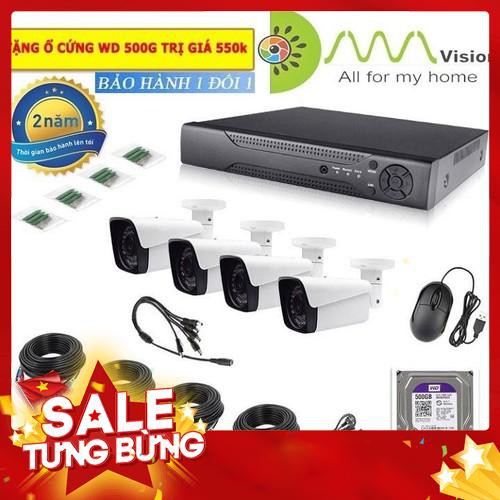 Bộ Camera AHD KIT 4 mắt Kiwivision + HDD 500G, camera giám sát 2.0M, camera chống trộm xem đêm