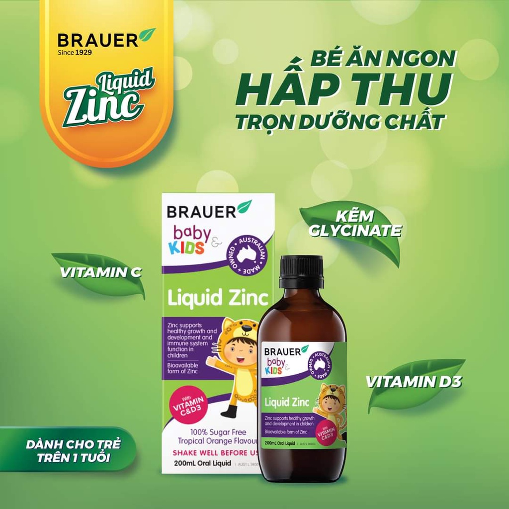 - BRAUER KIDS LIQUID ZINC 200ml - Bổ sung kẽm,C, D - hỗ sức khoẻ xương, răng, da và chức năng nhận thức