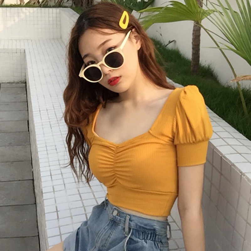 Áo Thun Tay Phồng Ngắn Cổ Vuông Màu Trơn Thời Trang Mùa Hè Cho Phái Nữ