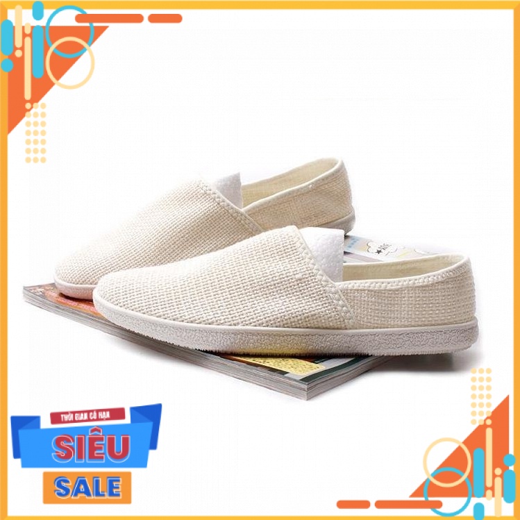 Giày lười nam L48, giày vải slipon sợi Canvas màu trắng trơn và Nâu phong cách độc đáo, cá tính BNJ
