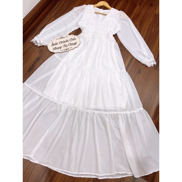 Đầm maxi dài tay phối ren xoè 3 màu sàn thật