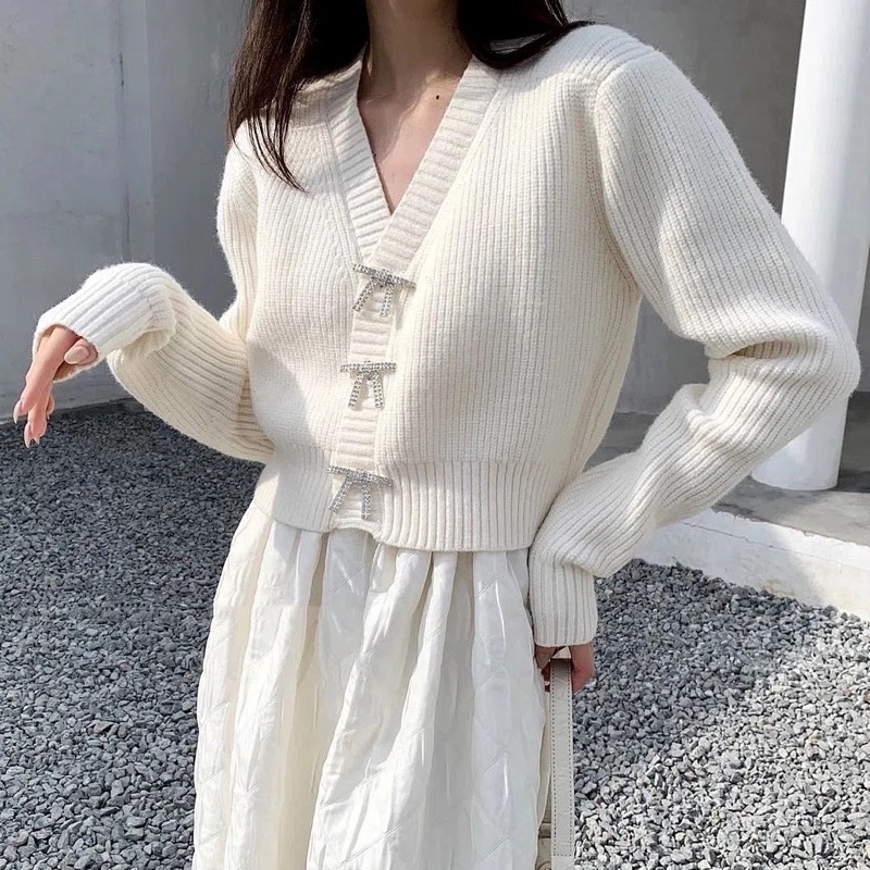 Áo Cadigan Khoác Ngoài Dài Tay Cài Nơ Bling Bling Chất Len Thỏ Loại 1 Dày Dặn, Áo Khoác Len Thu Đông Phong Cách Hàn Quốc