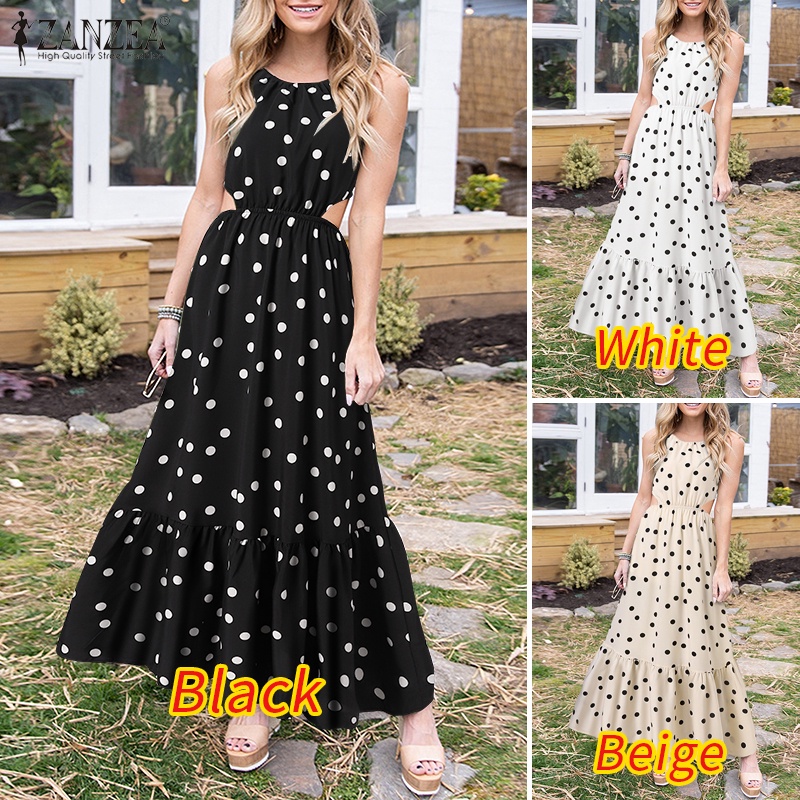 Đầm chữ A ZANZEA họa tiết chấm bi cổ tròn thời trang Châu Âu cho nữ