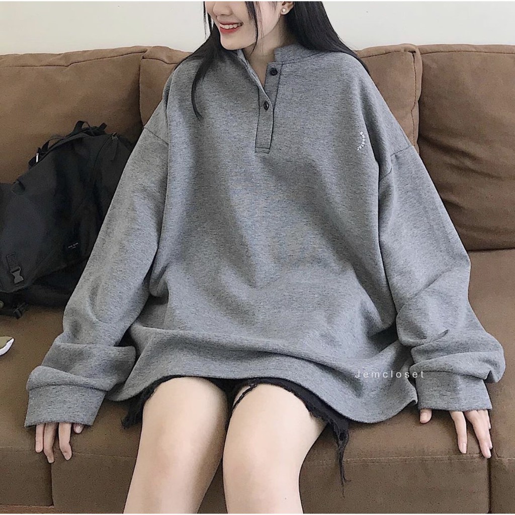 Áo Nỉ Bông Cổ Tàu Sweater Unisex 🦋 Áo Thun Nữ Tay Bồng Dáng Rộng Cúc Cài 2 Màu 🦋 | BigBuy360 - bigbuy360.vn