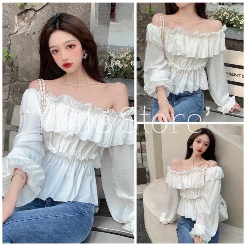 Áo Trễ Vai Bèo Dài Tay Nữ 2 Tầng 🦋 Áo Thun Nữ Hở Vai Viền Bèo 🦋