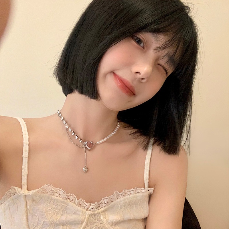 【Kifli】Vòng cổ trái tim ngọc trai Hàn Quốc cho phụ nữ Vòng cổ Choker bạc Phụ kiện Trang sức