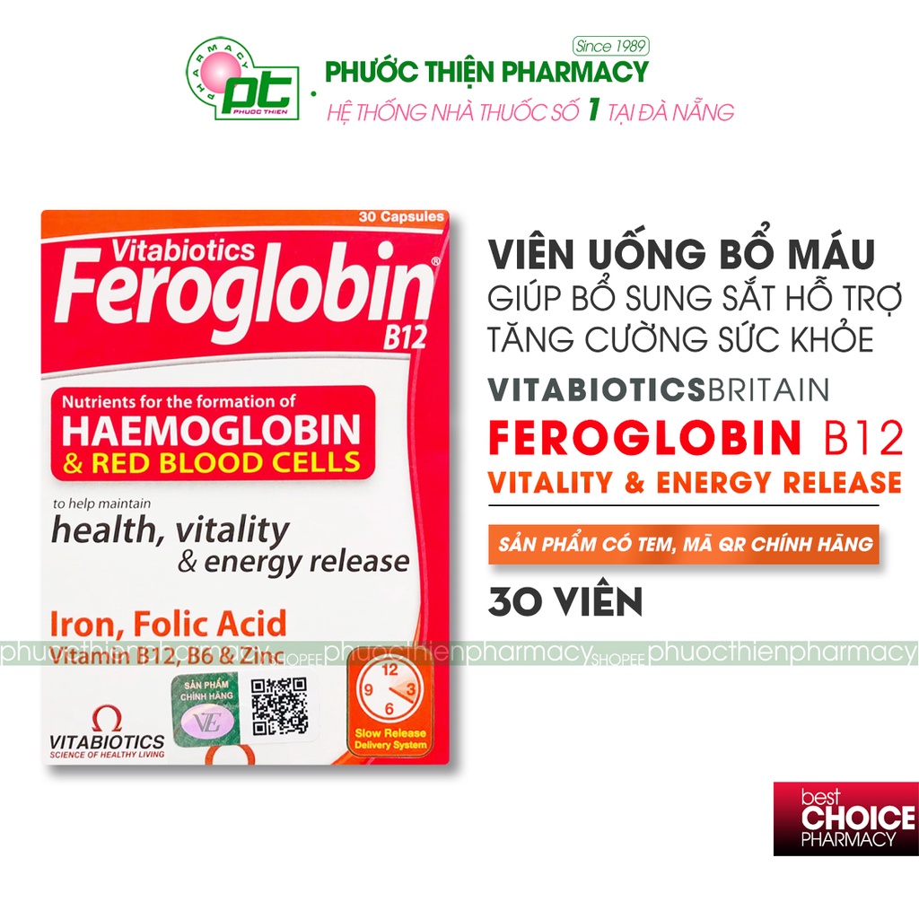 Viên uống bổ máu bổ sung sắt hữu cơ của Anh Quốc Vitabiotics Feroglobin Capsules 30 Viên