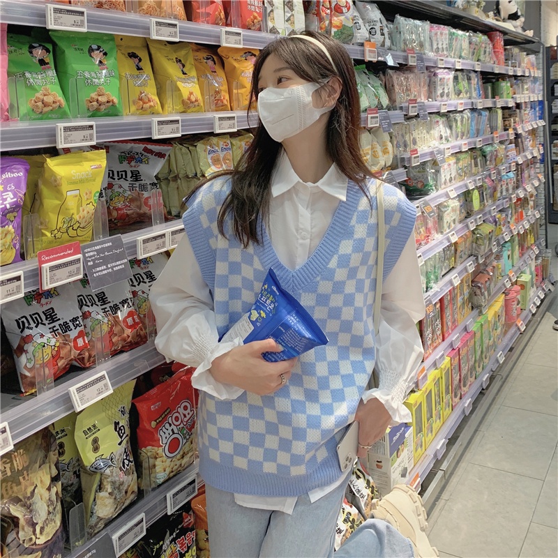 Áo gile len nữ ulzzang hàn quốc họa tiết kẻ ô freesize MINHU CLOTHES - AL04