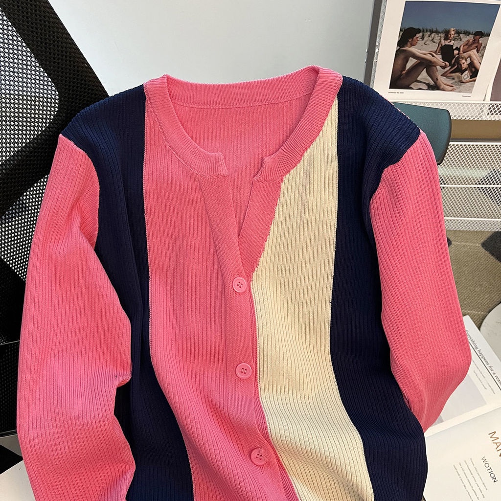 Áo Khoác Cardigan Dệt Kim Màu Sắc Tương Phản Thời Trang Cho Nữ