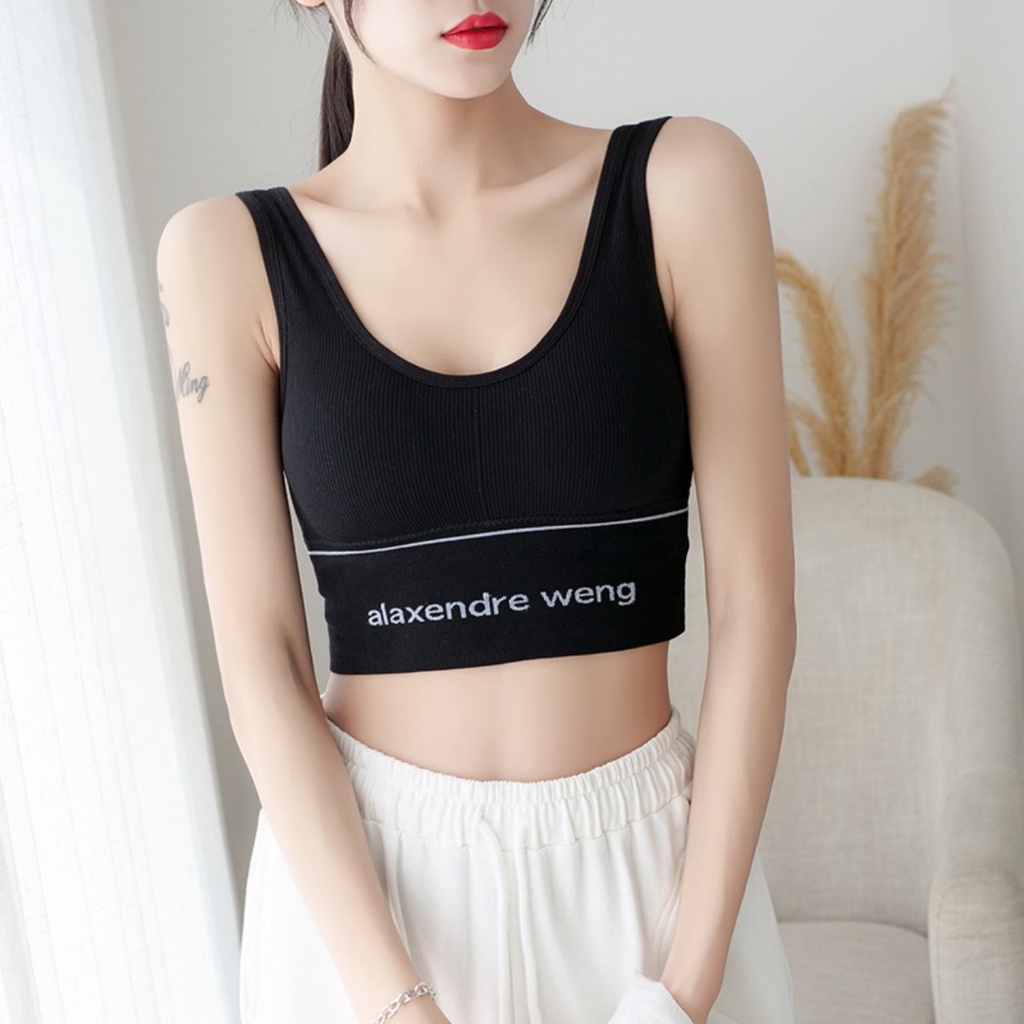 Áo Croptop kiểu có mút ngực in chữ alaxender weng, chất liệu thun gân tăm thoáng mát, thích hợp tập gym, đi dạo