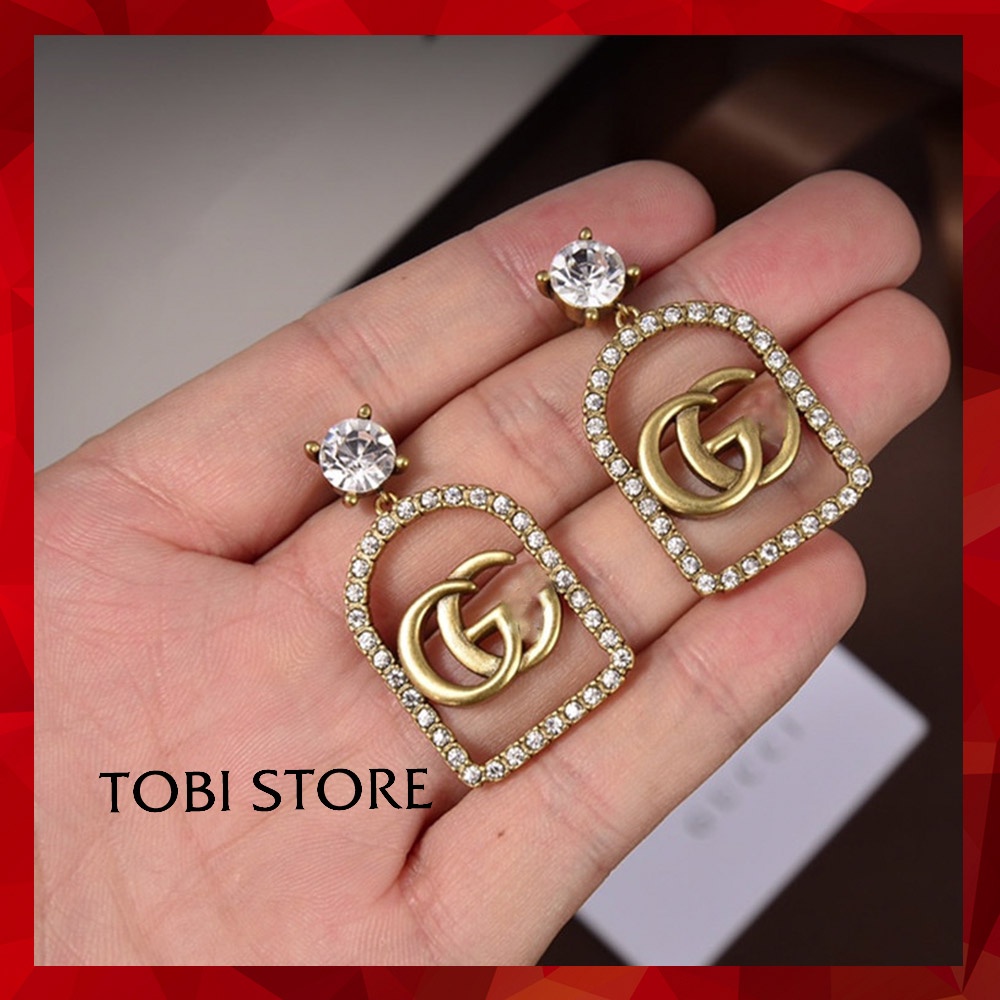 Bông tai nữ thương hiệu GG mạ vàng dáng thả dài mặt đính đá TB423 TOBI STORE