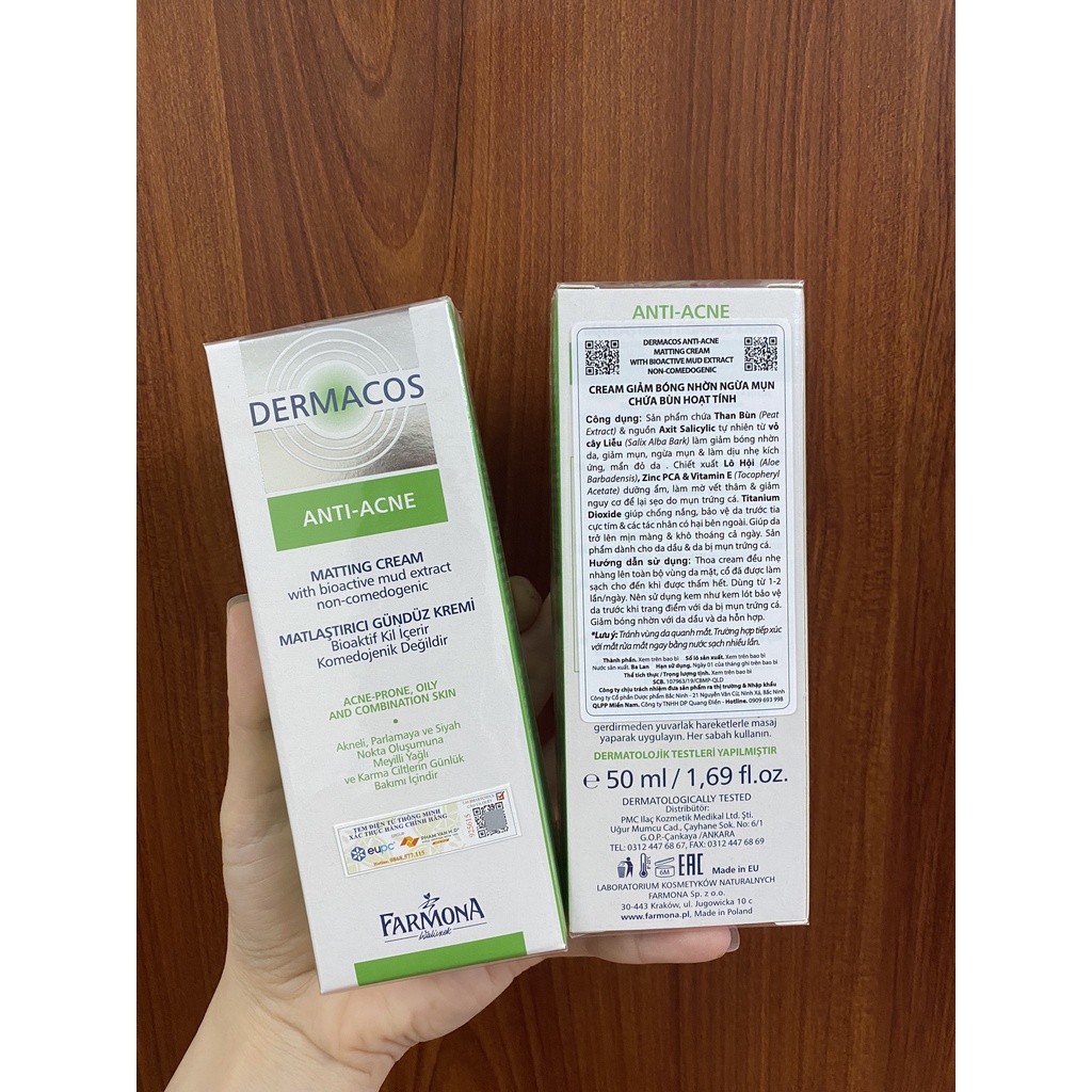 Kem dưỡng ẩm da dầu mụn Dermacos (50ml), Kiềm dầu, Ngừa mụn, Chống lão hóa da [Chính Hãng]