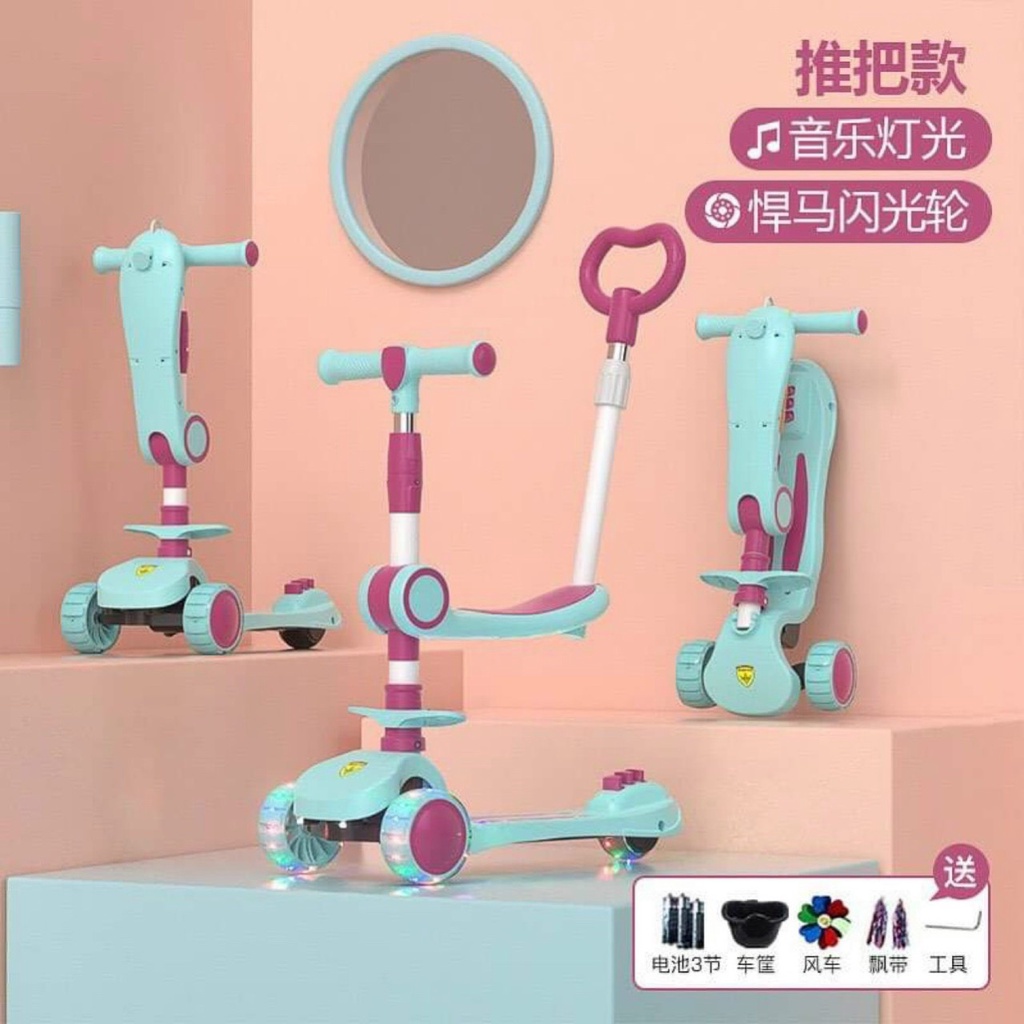 Xe trượt Scooter 3 bánh đa năng có đèn led phát sáng Kèm Tay Đẩy, có nhạc và ghế ngồi cho trẻ em
