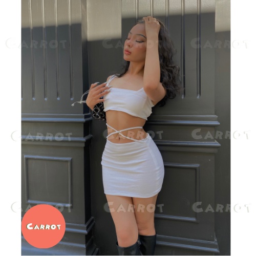 Set đồ nữ sanh chảnh,  bộ đồ nữ cá tính áo croptop 2 dây chân váy cột dây trắng ôm body carrotxinhdep