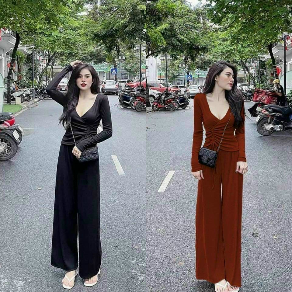 Sét áo thun gân tay dài cổ V rút dây eo kèm quần ống rộng mặc đi chơi dạo phố thoải mái