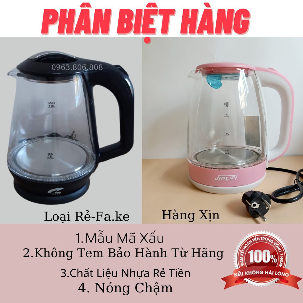 Ấm Siêu Tốc Thủy Tinh Jiplai Thái Lan -Ấm Siêu Tốc 2 lớp jiplai- ấm Đun Siêu Tốc Mini Inox 1.8l-GIADUNGCHIP